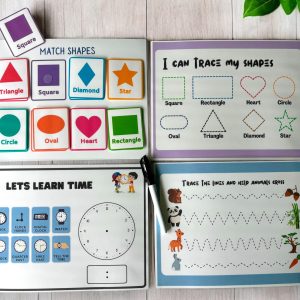 Laminated toddler tracing book with shapes, numbers and time-telling activities