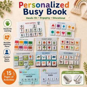 Personalized Montessori toddler busy book open to number, shape and color matching activities