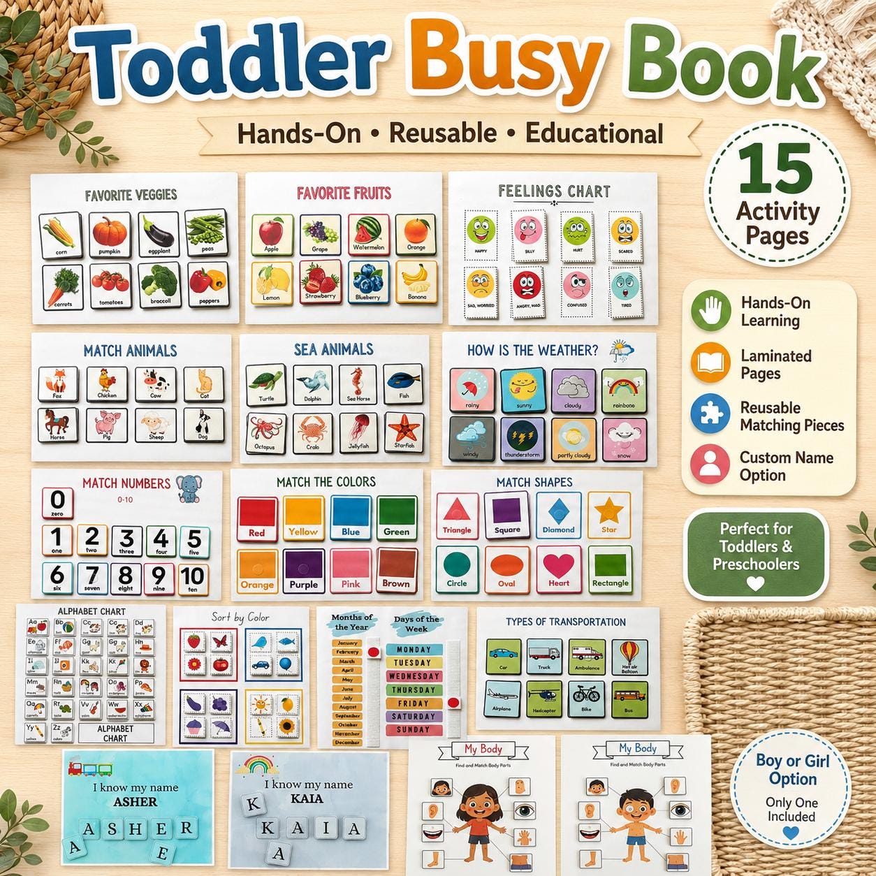 Montessori preschool busy book with number, color, shape and animal matching pages